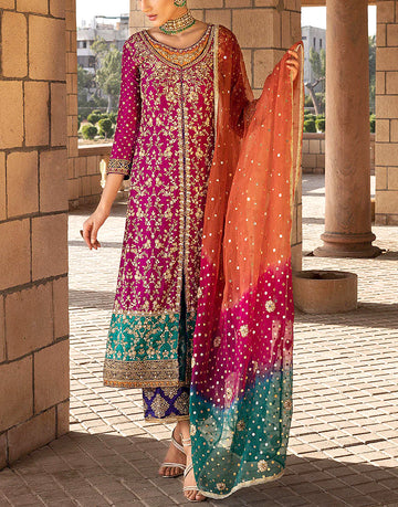 Heavy Embroidered Atishi Pink Chiffon Wedding Dress with Embroidered Silk Trouser