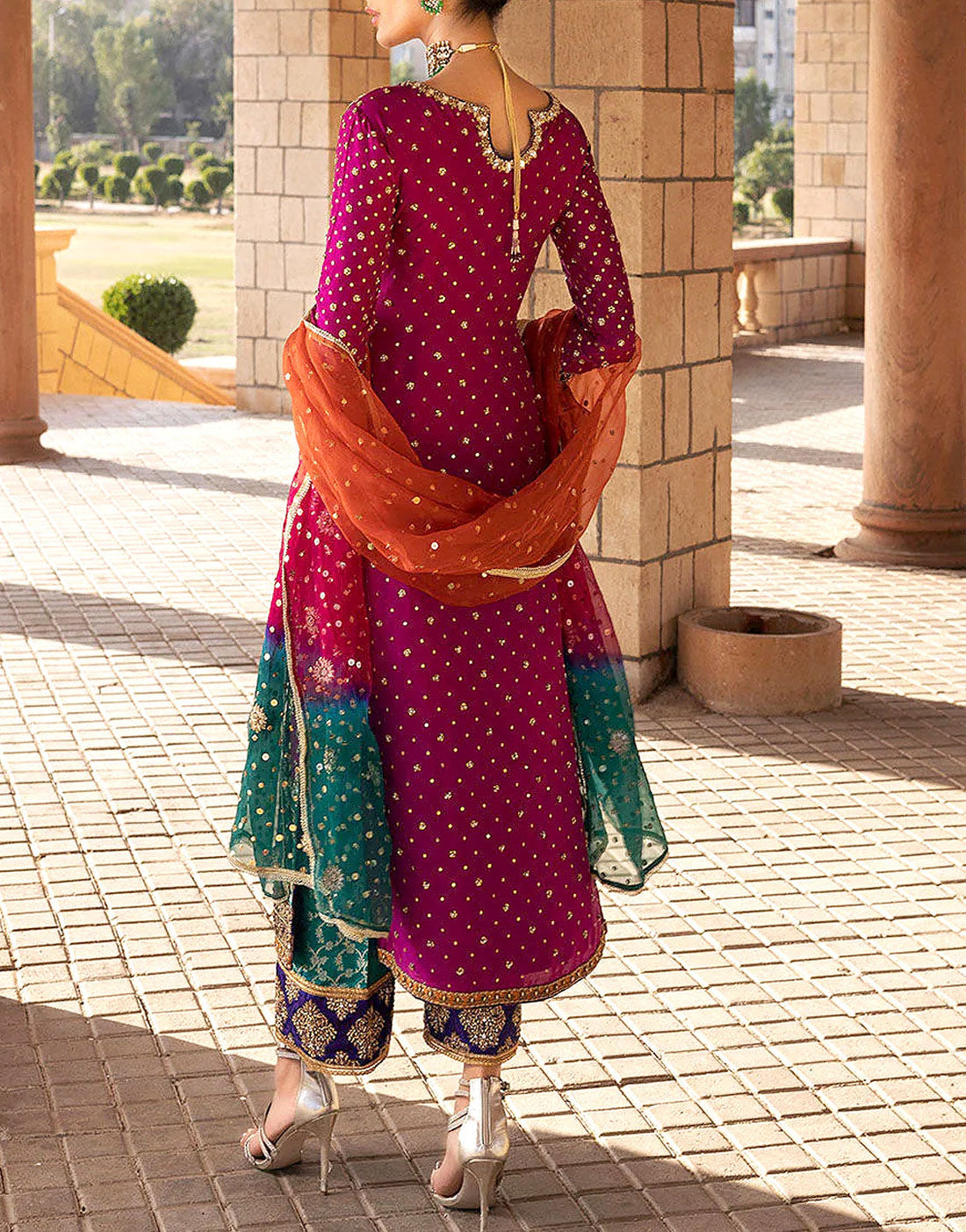 Heavy Embroidered Atishi Pink Chiffon Wedding Dress with Embroidered Silk Trouser