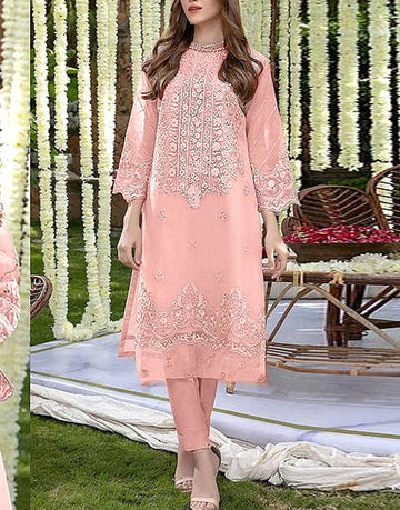 2-Piece Fancy Embroidered Organza Party Wear Dress - Tea Pink