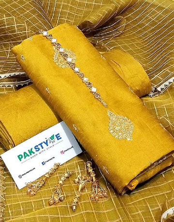 Banarsi Style Embroidered Raw Silk Dress with Organza Check Design Dupatta