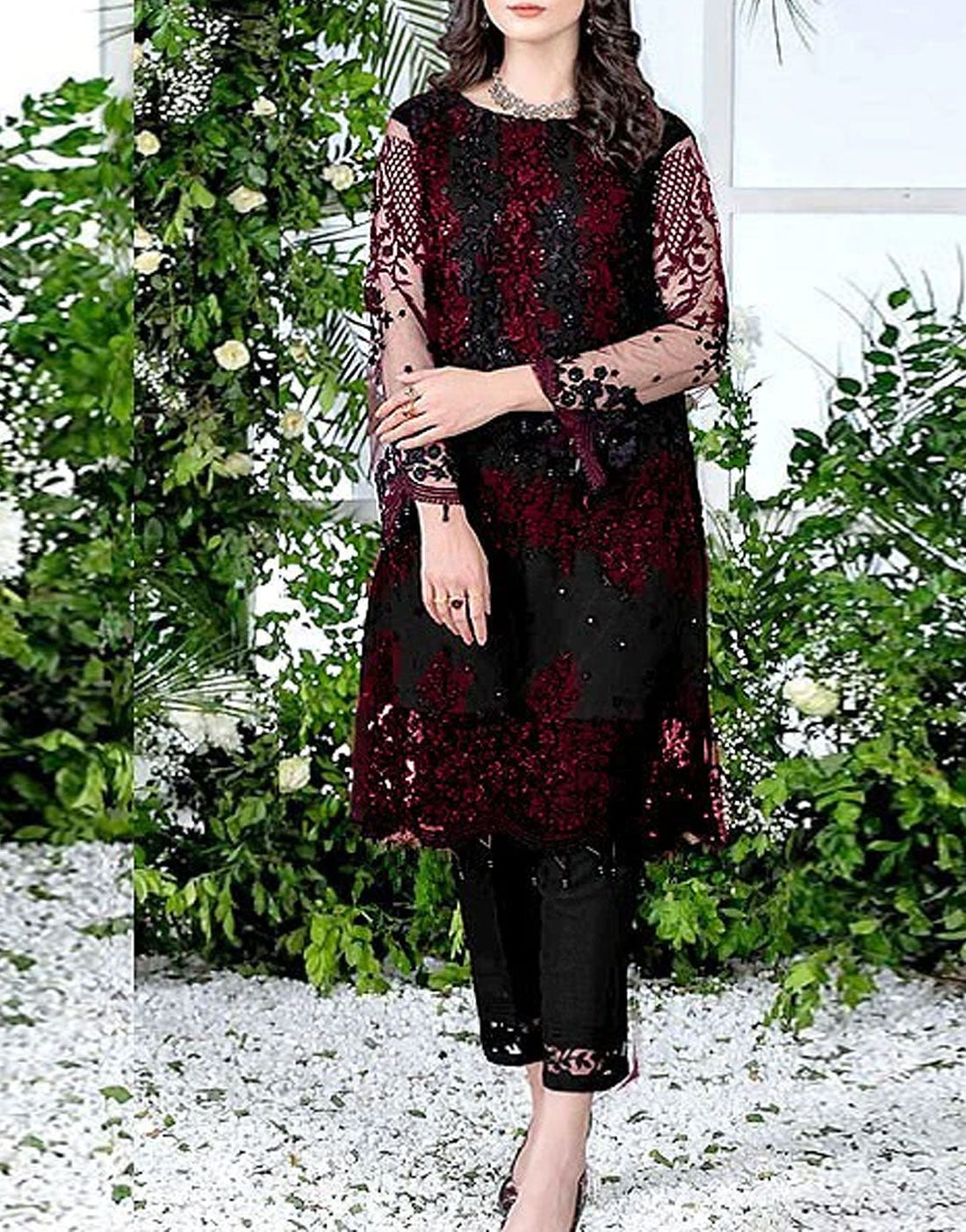 2-Piece Fancy Embroidered Black Net Party Wear Dress