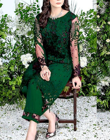 2-Piece Fancy Embroidered Net Party Wear Dress - Bottle Green