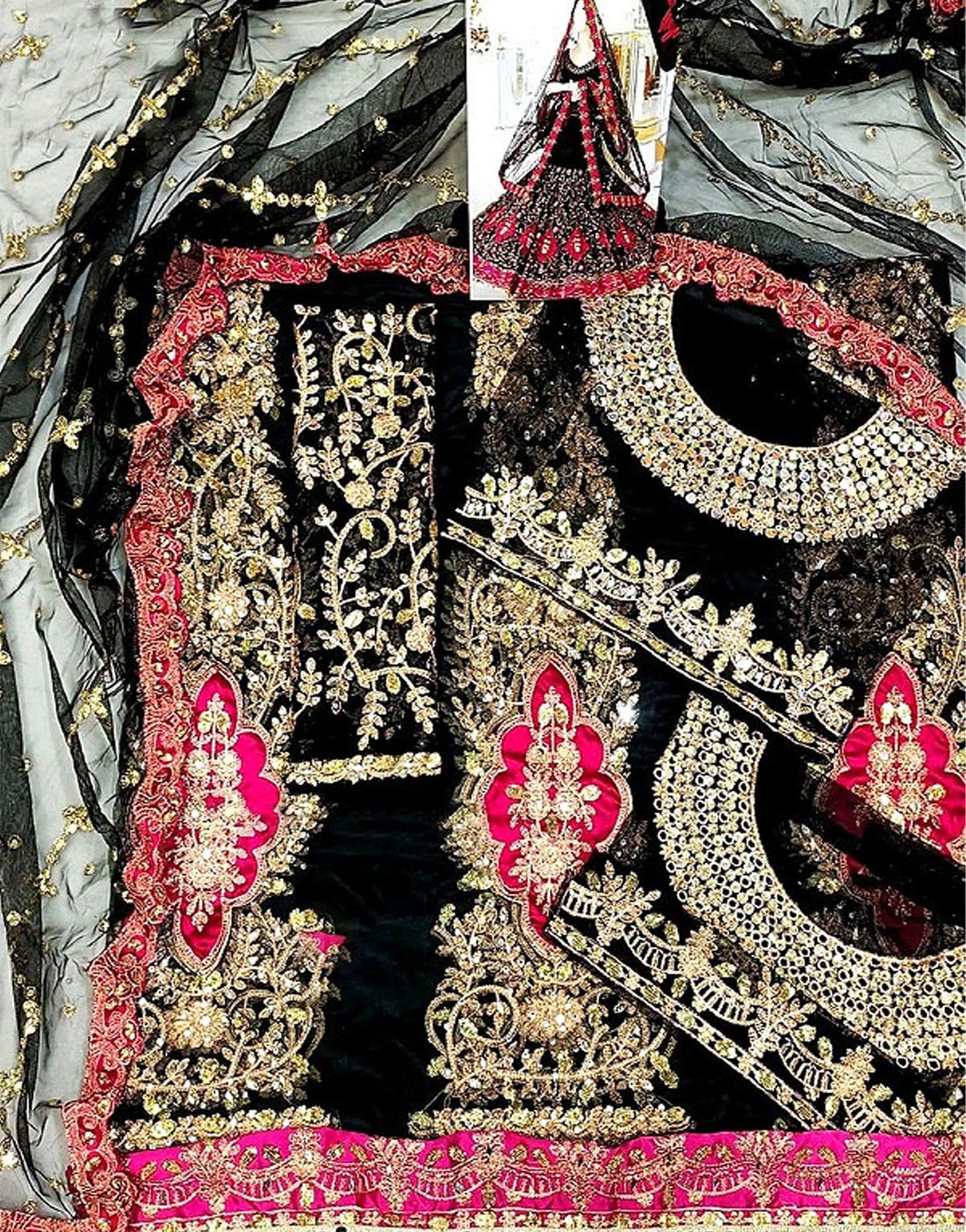 Luxury Mirror & Handwork Embroidered Net Bridal Maxi Dress
