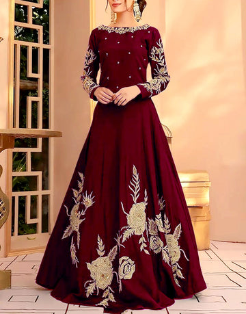 Readymade Embroidered Maroon Shamoz Silk Maxi