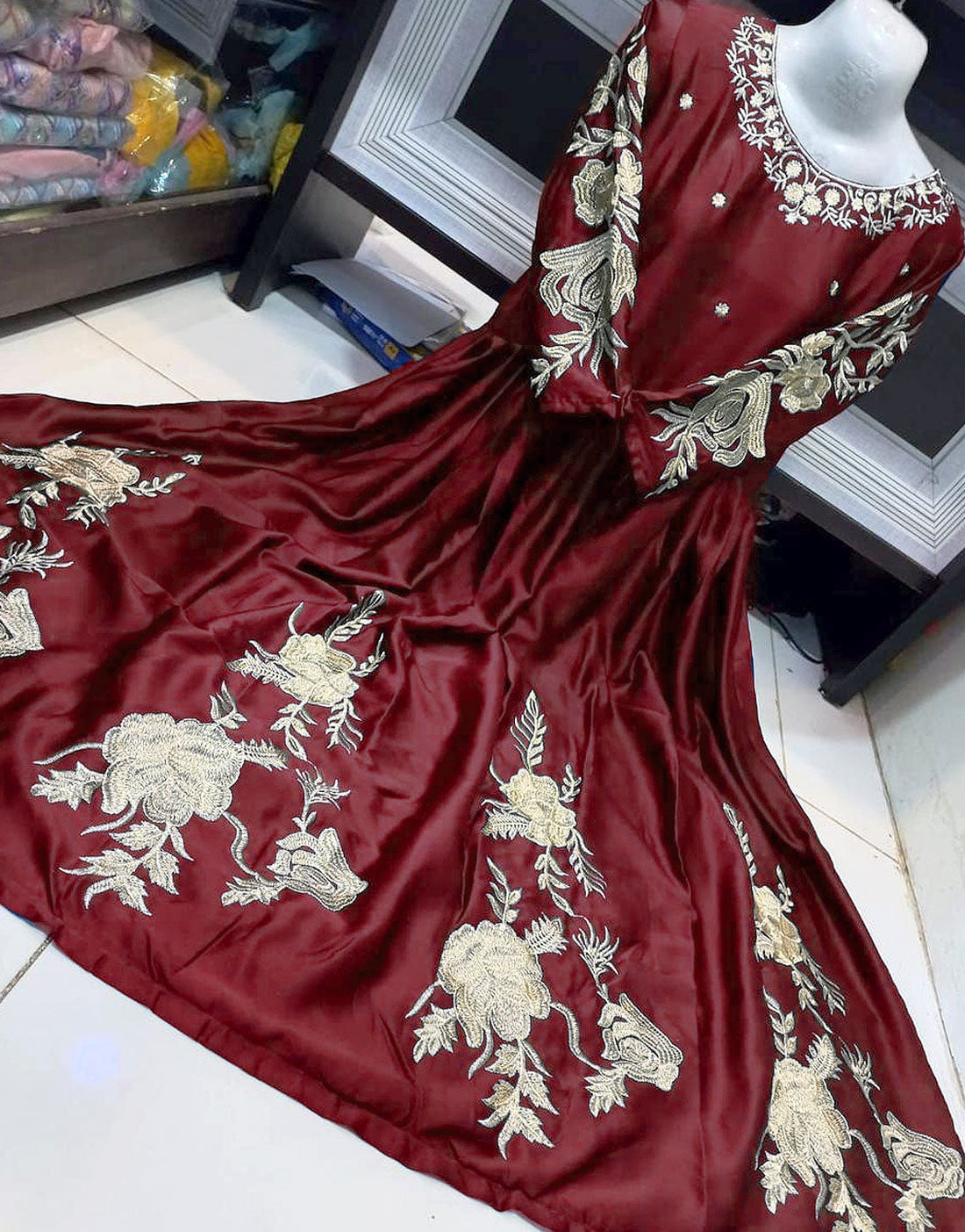 Readymade Embroidered Maroon Shamoz Silk Maxi
