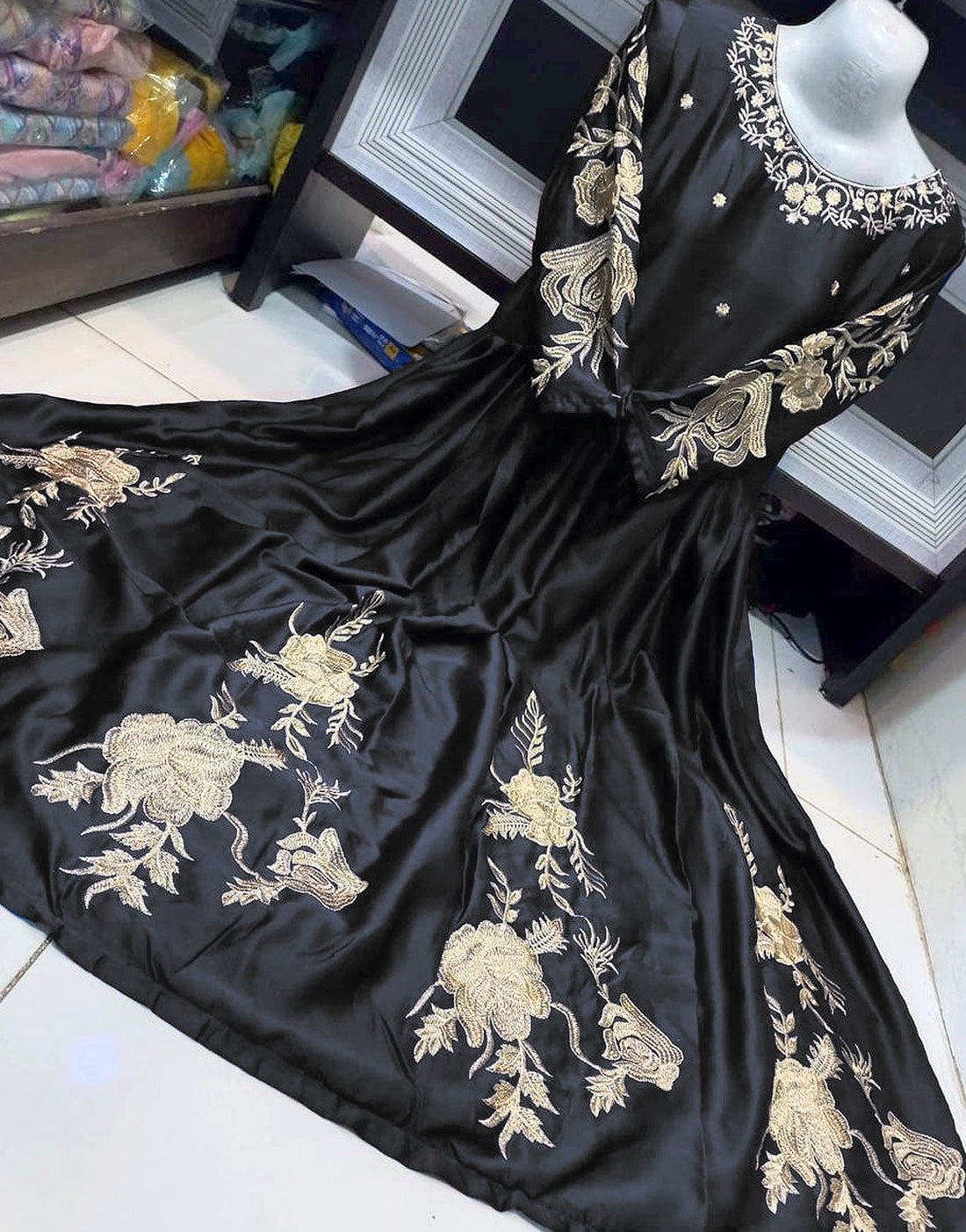 Readymade Embroidered Black Shamoz Silk Maxi