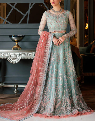 Luxury Embroidered Mint Green Net Bridal Maxi Dress