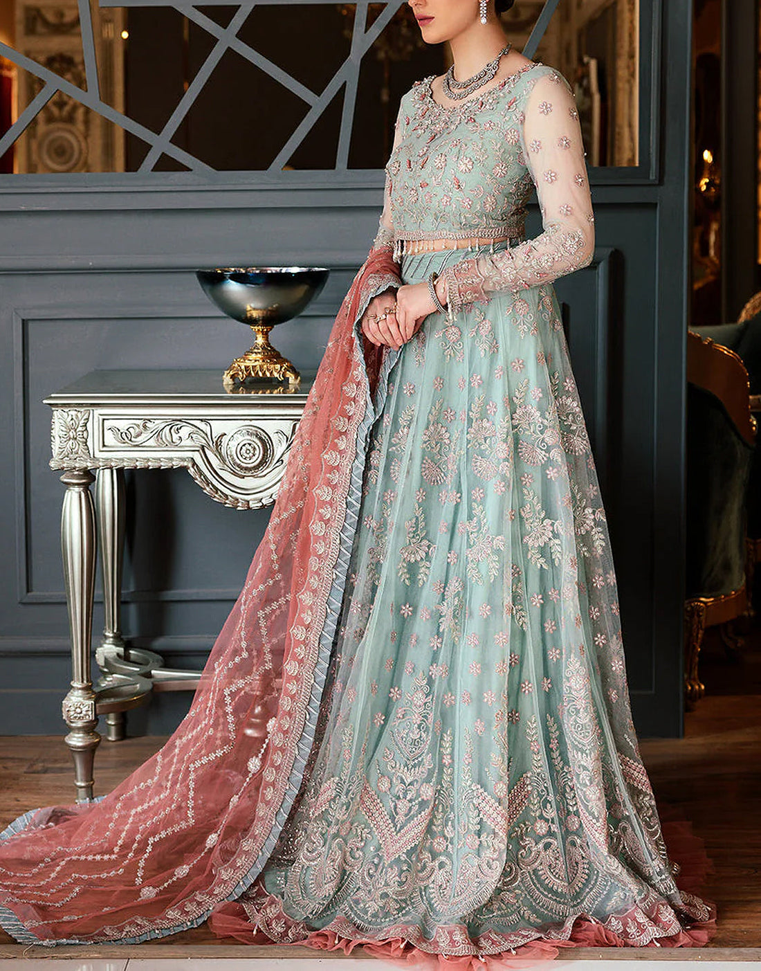 Luxury Embroidered Mint Green Net Bridal Maxi Dress
