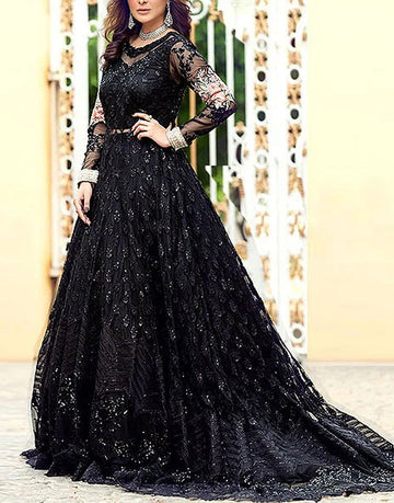Handwork Heavy Embroidered Black Net Bridal Maxi Dress