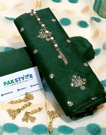 Banarsi Style Embroidered Raw Silk Dress with Organza Jacquard Dupatta