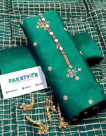 Banarsi Style Embroidered Raw Silk Dress with Organza Check Design Dupatta
