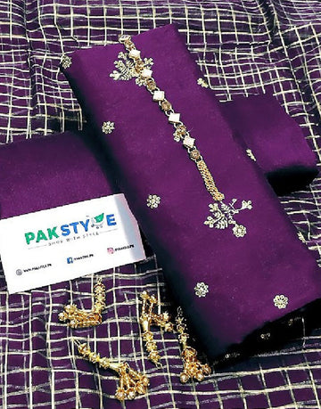 Banarsi Style Embroidered Raw Silk Dress with Organza Check Design Dupatta