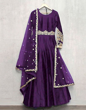 Readymade 3-Piece Embroidered Silk Maxi Dress with Embroidered Chiffon Dupatta