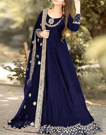 Readymade 3-Piece Mirror Work Embroidered Chiffon Maxi Dress with Chiffon Dupatta