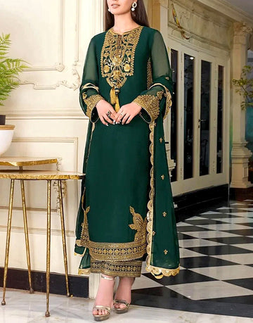 Elegant Bottle Green Chiffon Party Dress with Embroidery for Formal & Weddings