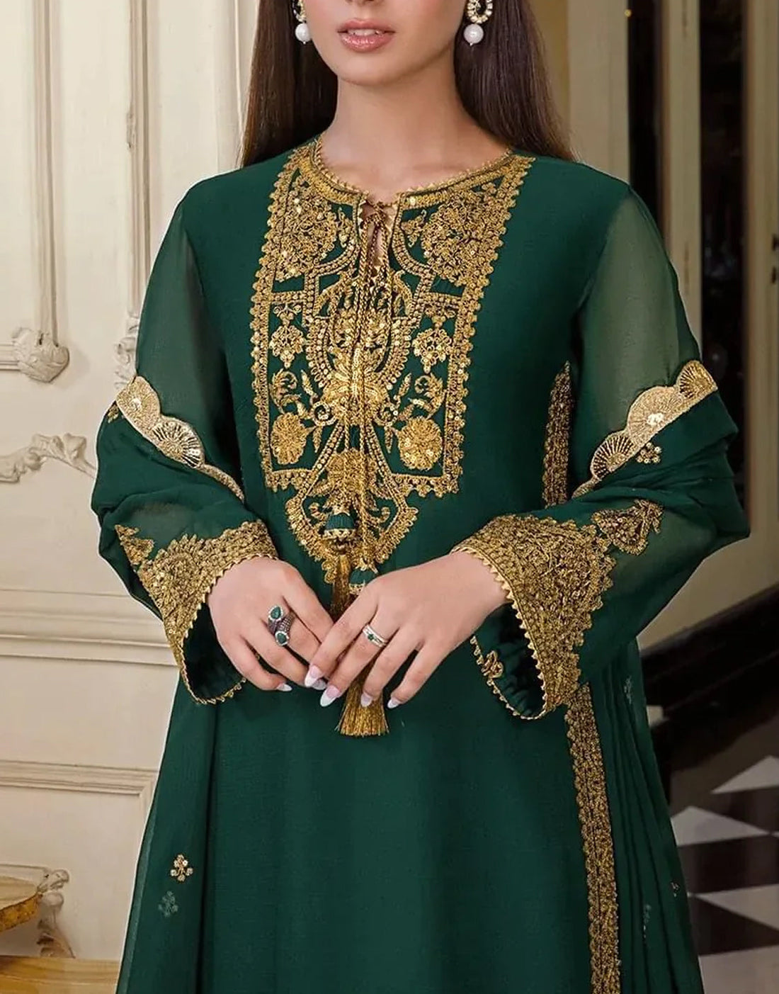 Elegant Bottle Green Chiffon Party Dress with Embroidery for Formal & Weddings