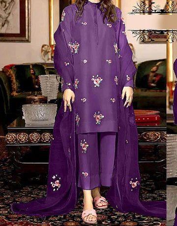 Sequins Embroidered Katan Silk Suit with Embroidered Organza Dupatta