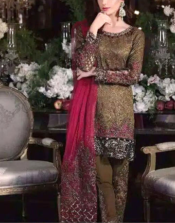 Heavy Embroidered Chiffon Wedding Dress with Embroidered Net Dupatta