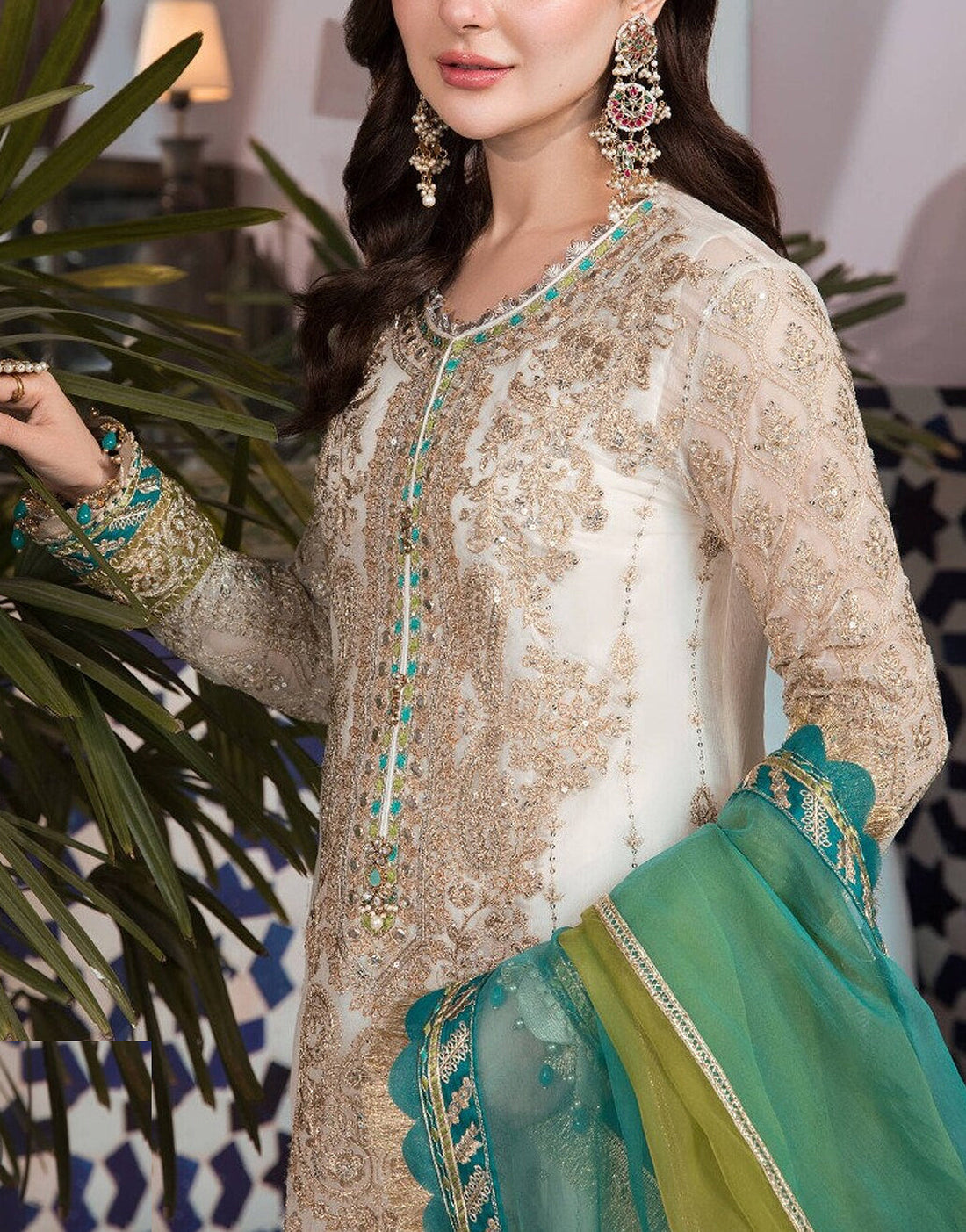 Heavy Embroidered White Chiffon Dress for Wedding & Party Wear