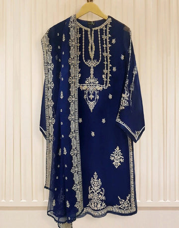Heavy Embroidered with Handwork Navy Blue Chiffon Dress for Party & Wedding Wear