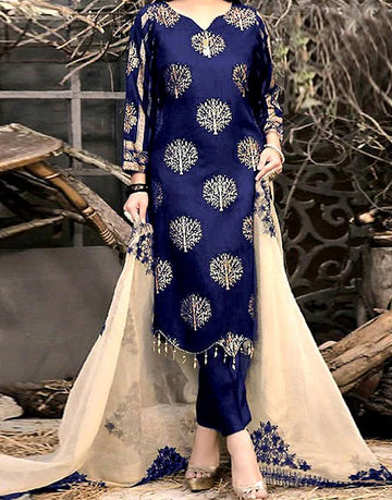 Sequins Embroidered Katan Silk Dress with Embroidered Organza Dupatta