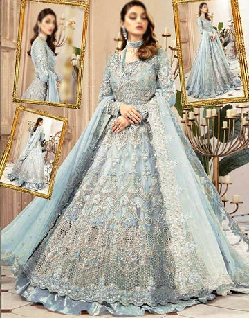 Luxurious 3D Handwork & Embroidered Light Blue Net Bridal Maxi Dress
