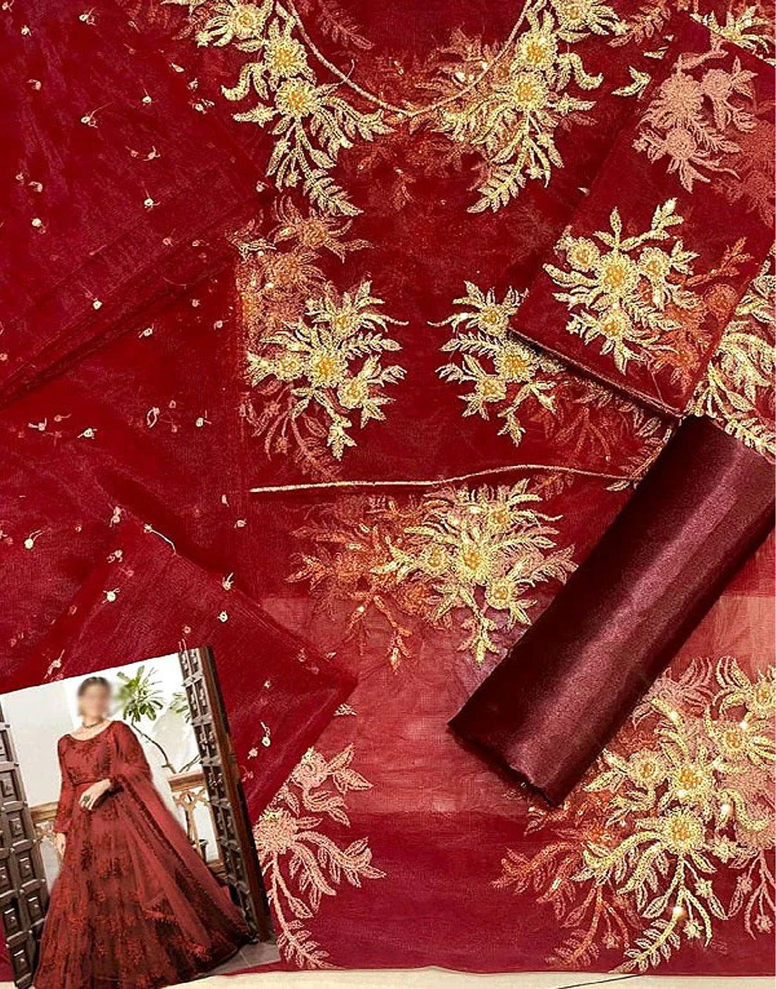 Handwork Heavy Embroidered Maroon Net Lehenga Dress