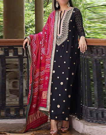 Handwork Heavy Embroidered Black Raw Silk Dress