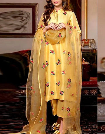 Embroidered Shamoz Silk Dress with Embroidered Organza Dupatta