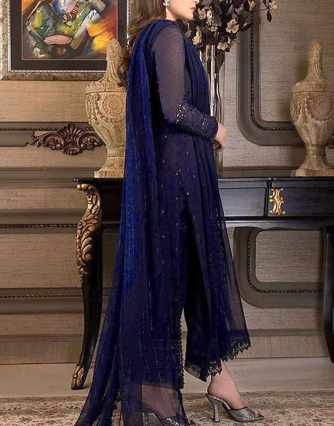 Graceful Embroidered Navy Blue Chiffon Wedding Dress for Pakistani Brides & Occasions
