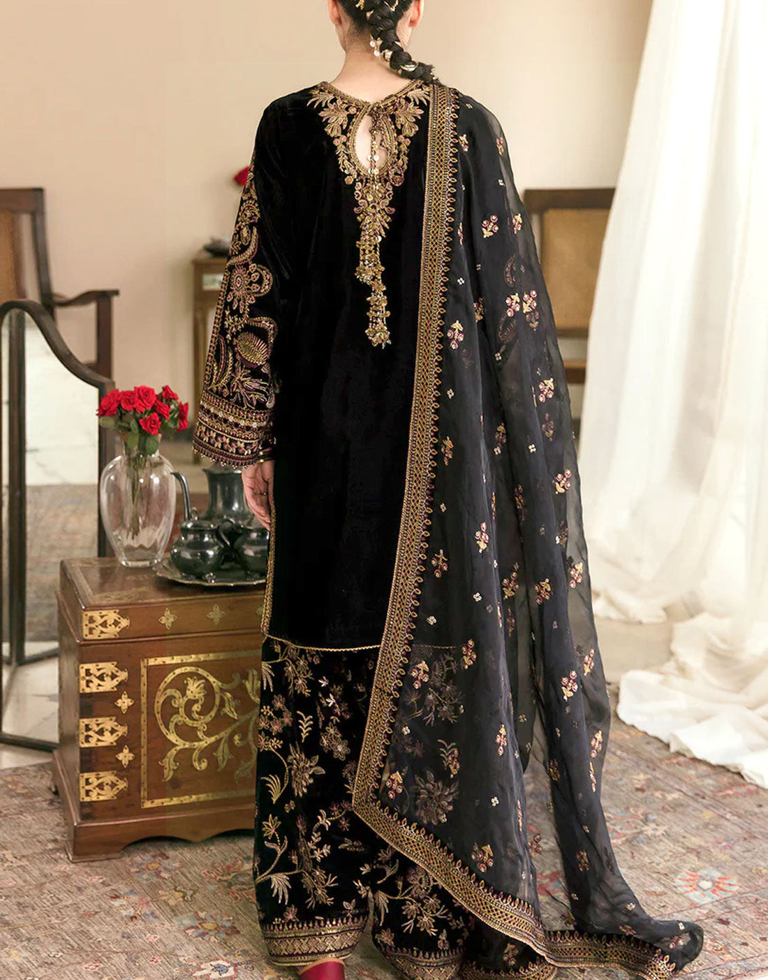 Deluxe Embroidered Black Velvet Dress with Emb. Silk Trouser for Weddings