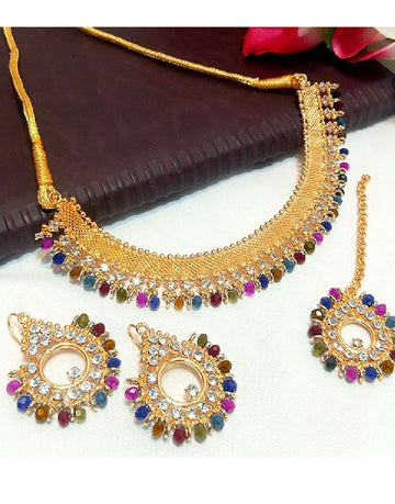 Multicolor Stones Golden Jewelry Set with Earrings & Tikka