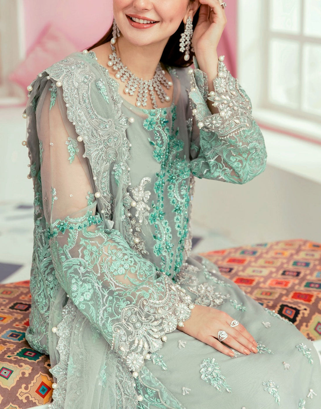 Heavy Embroidered with Handwork Mint Green Organza Dress for Formal & Wedding Events
