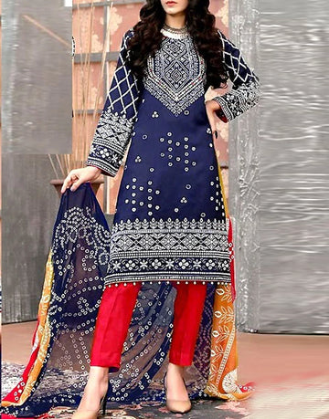 Embroidered Chunri Print Lawn Dress with Chiffon Dupatta