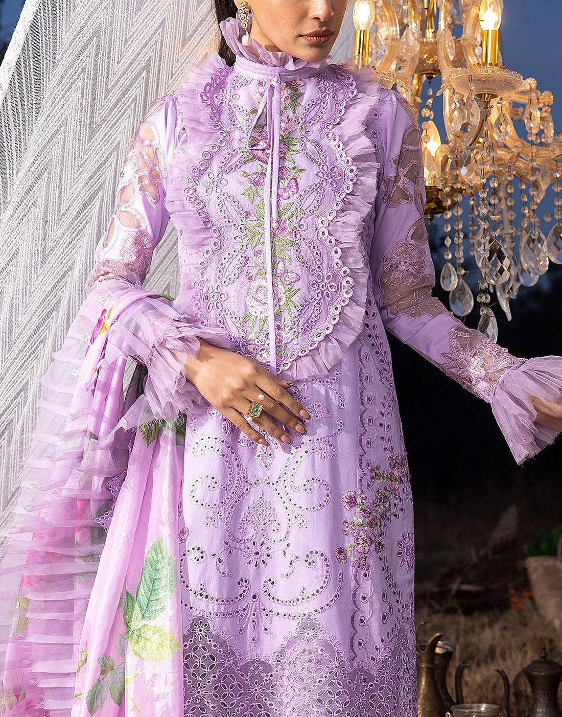 Luxury Schiffli Embroidered Lawn Dress with Digital Print Silk Dupatta