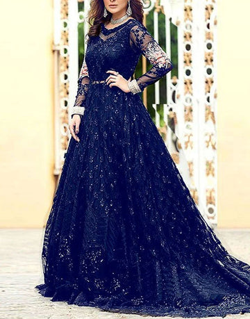 Handwork Heavy Embroidered Navy Blue Net Bridal Maxi Dress