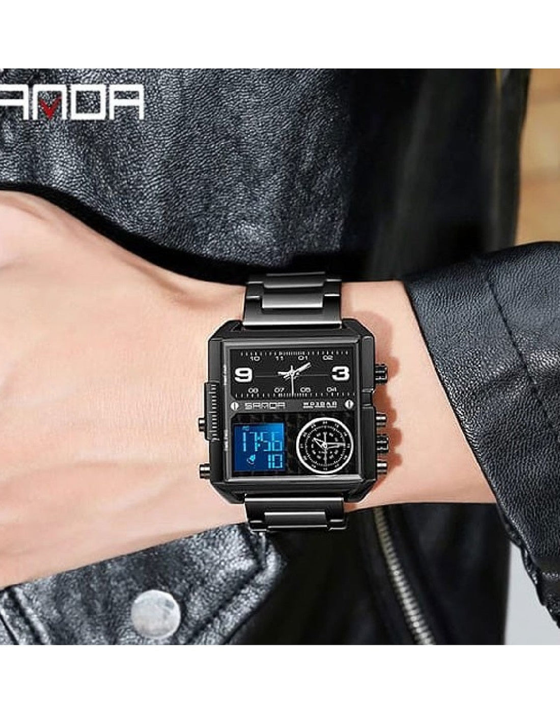 Original Sanda WR3BAR Men's Triple Time Stainless Steel Watch 6023