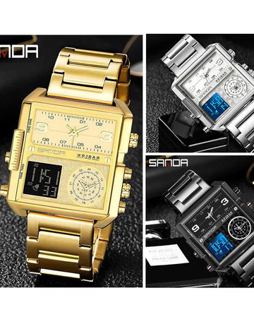Original Sanda WR3BAR Men's Triple Time Stainless Steel Watch 6023