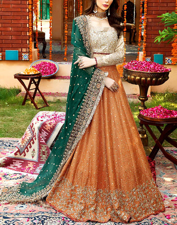 Heavy Embroidered Orange Net Bridal Maxi Dress for Mehndi and Qawwali Functions