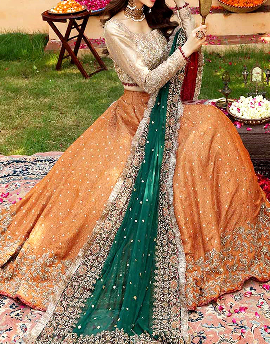 Heavy Embroidered Orange Net Bridal Maxi Dress for Mehndi and Qawwali Functions