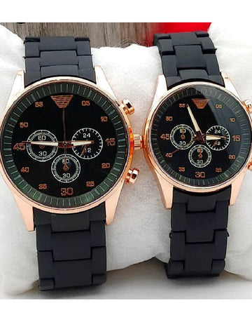 Pair of 2 Stylish Black Rubber Chain Watch for Couple