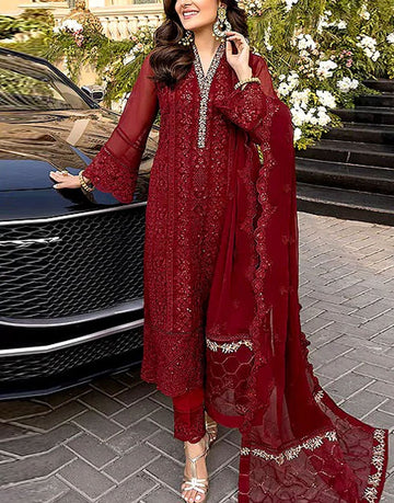 Heavy Embroidered Maroon Chiffon Wedding Dress