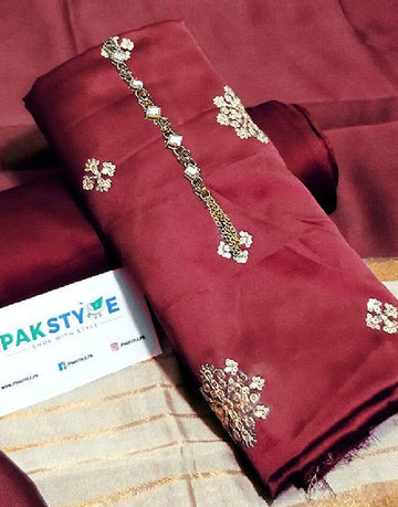 Banarsi Style Embroidered Shamoz Silk Dress with Silk Jhalar Dupatta