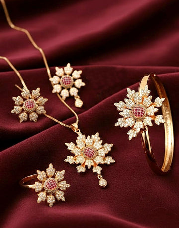 Elegant Gold Plated Floral Jewellery Set with Necklace, Earrings, Bracelet & Ring for Women