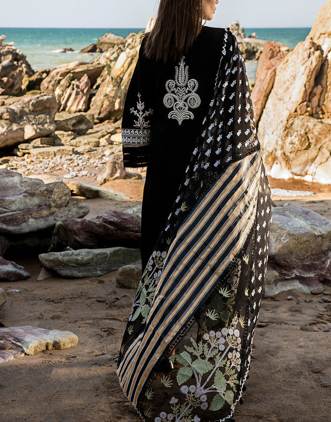 Luxury Heavy Embroidered Black Lawn Dress with Organza Dupatta