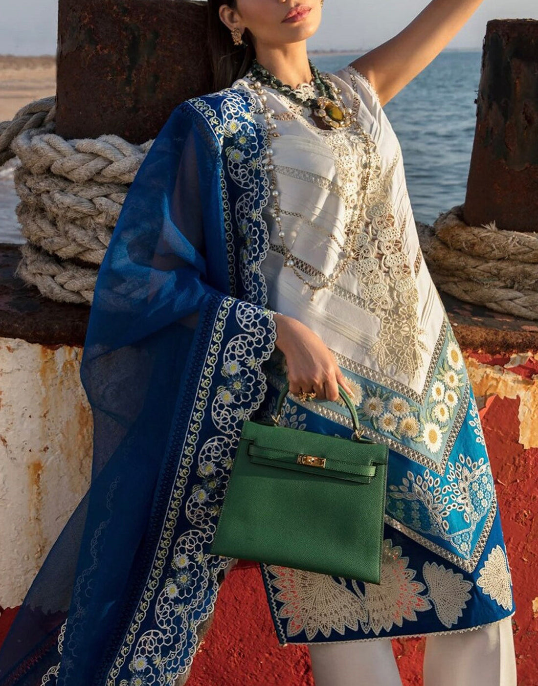 Luxury Heavy Schiffli Embroidered Lawn Dress with Embroidered Organza Dupatta
