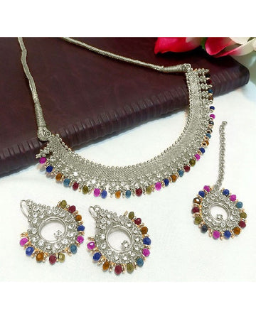 Multicolor Stones Silver Jewelry Set with Earrings & Tikka