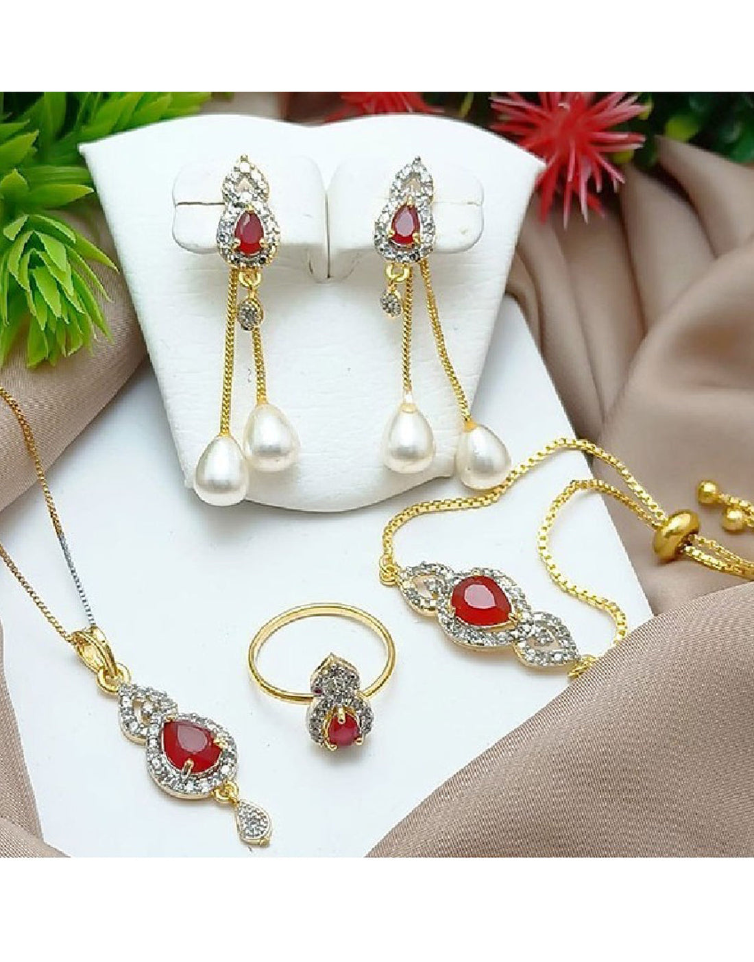 AD Zircon Combo Jewelry Set with Adjustable Bracelet & Ring