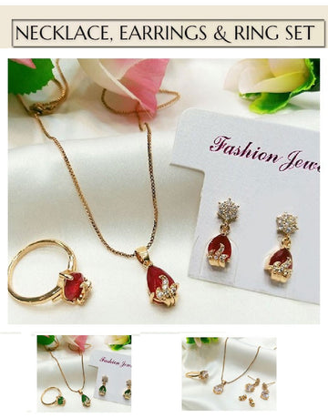 Beautiful Faux Ruby Necklace, Earrings & Ring Jewelry Set of Your Color Choice