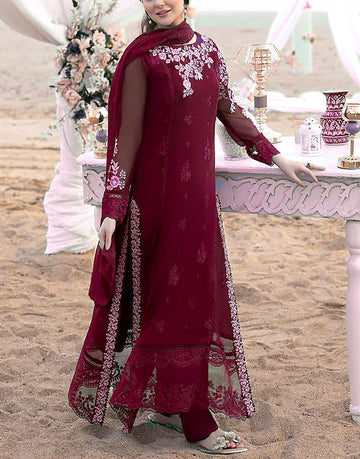 Elegant Embroidered Maroon Chiffon Party Wear Dress